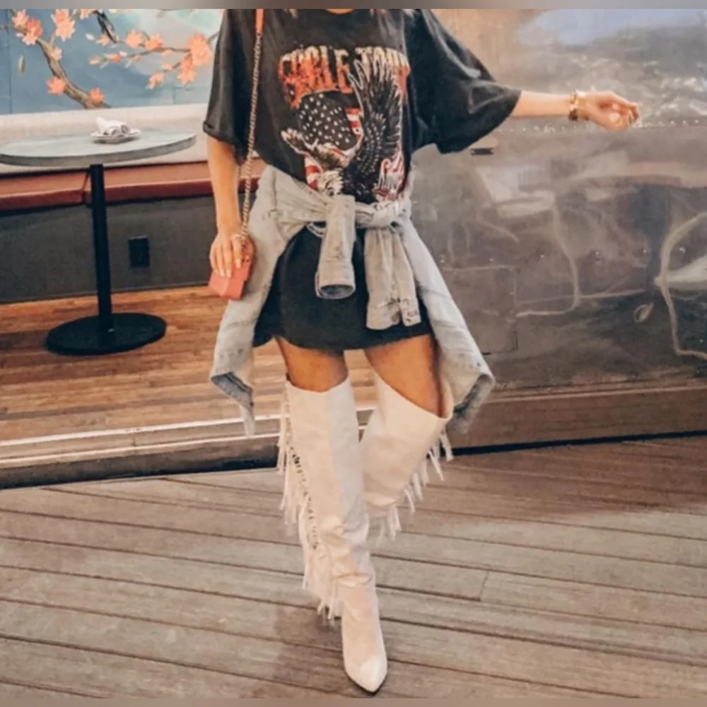 White fringe knee high boots - Picture 2 of 3